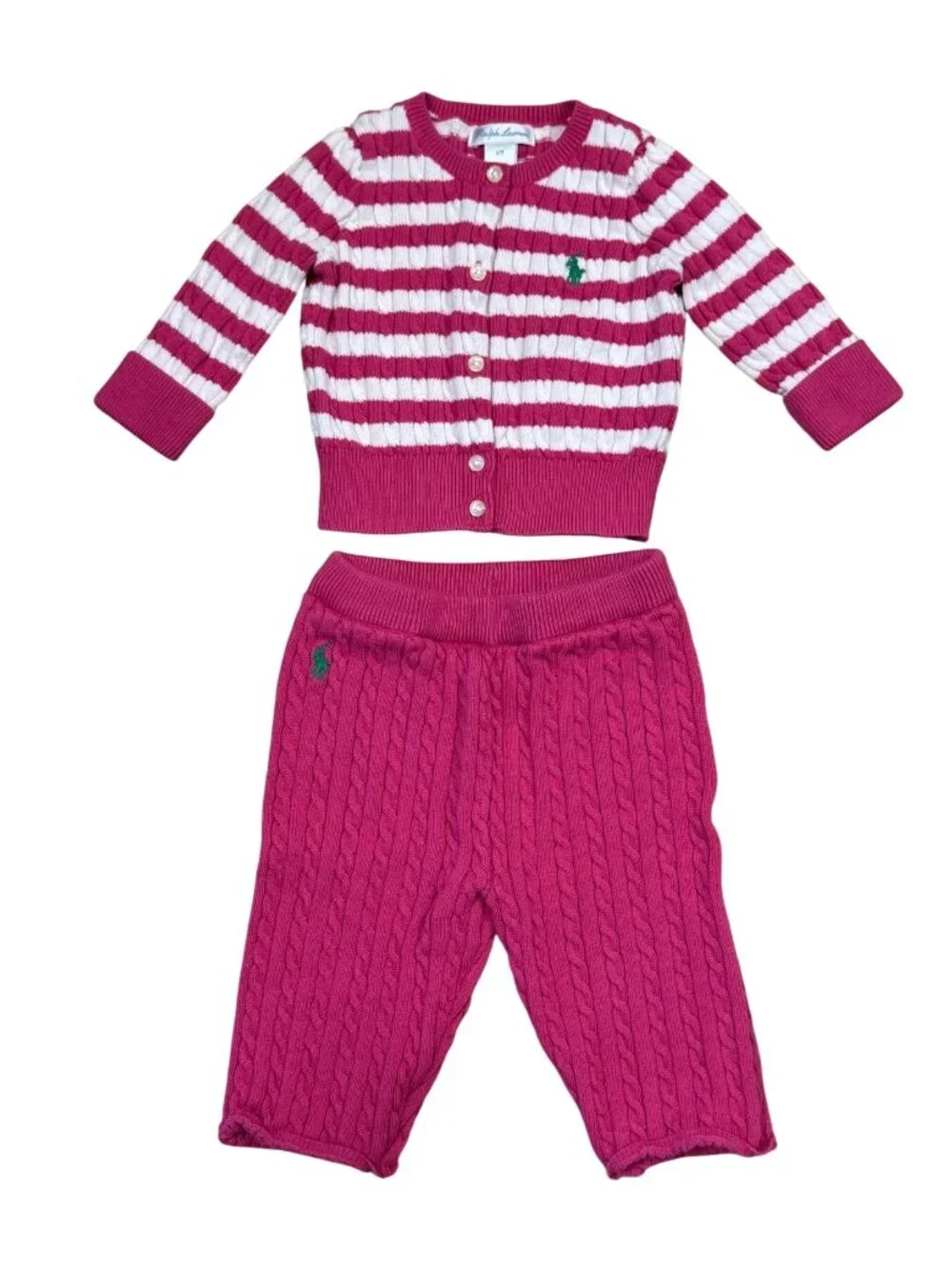 Ralph Lauren Baby Girls Pink & White Cable Knit Cardigan And Pants Set 6M